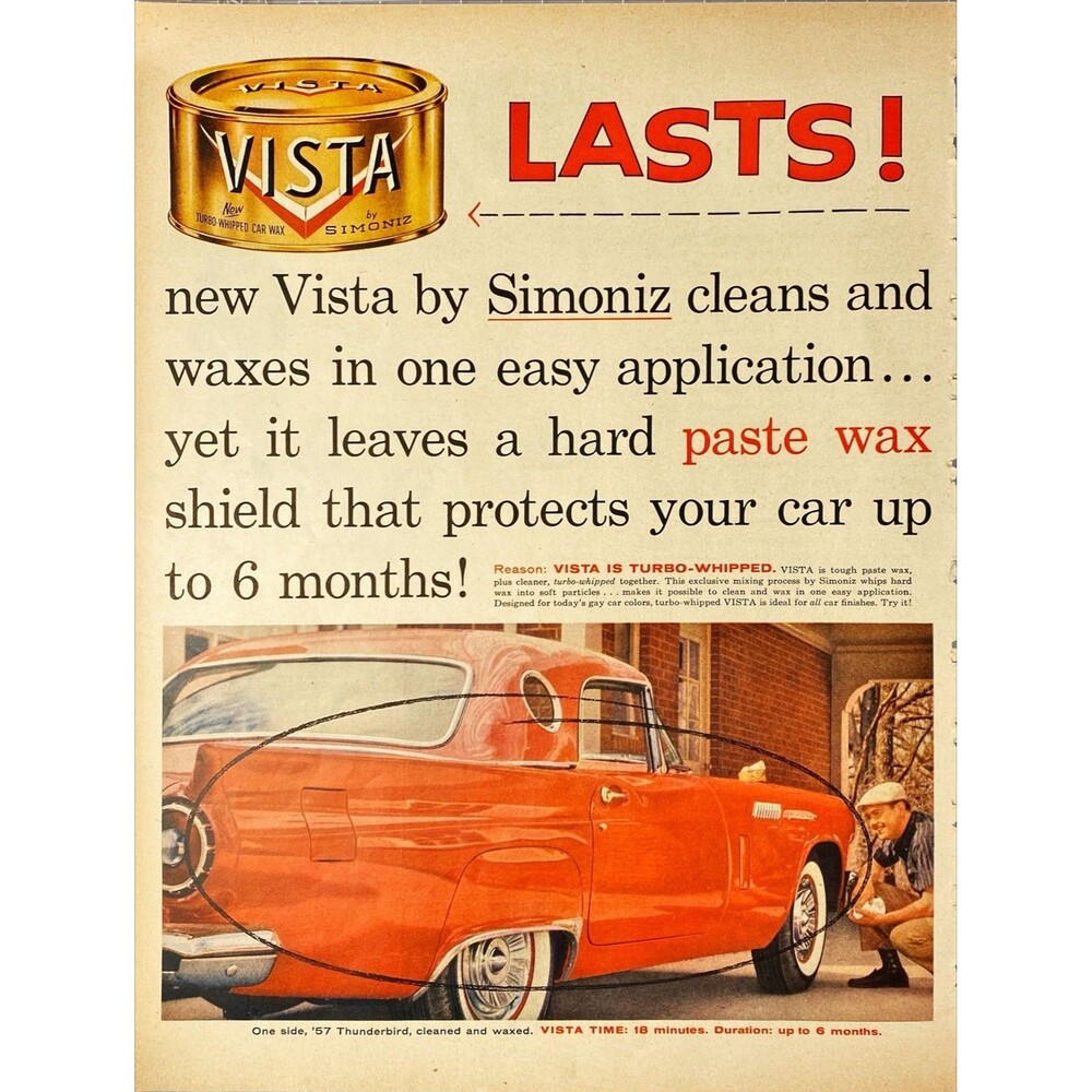Vista Car Wax by Simoniz "Vista Time" '57 Ford Thunderbird Vintage Print Ad '57